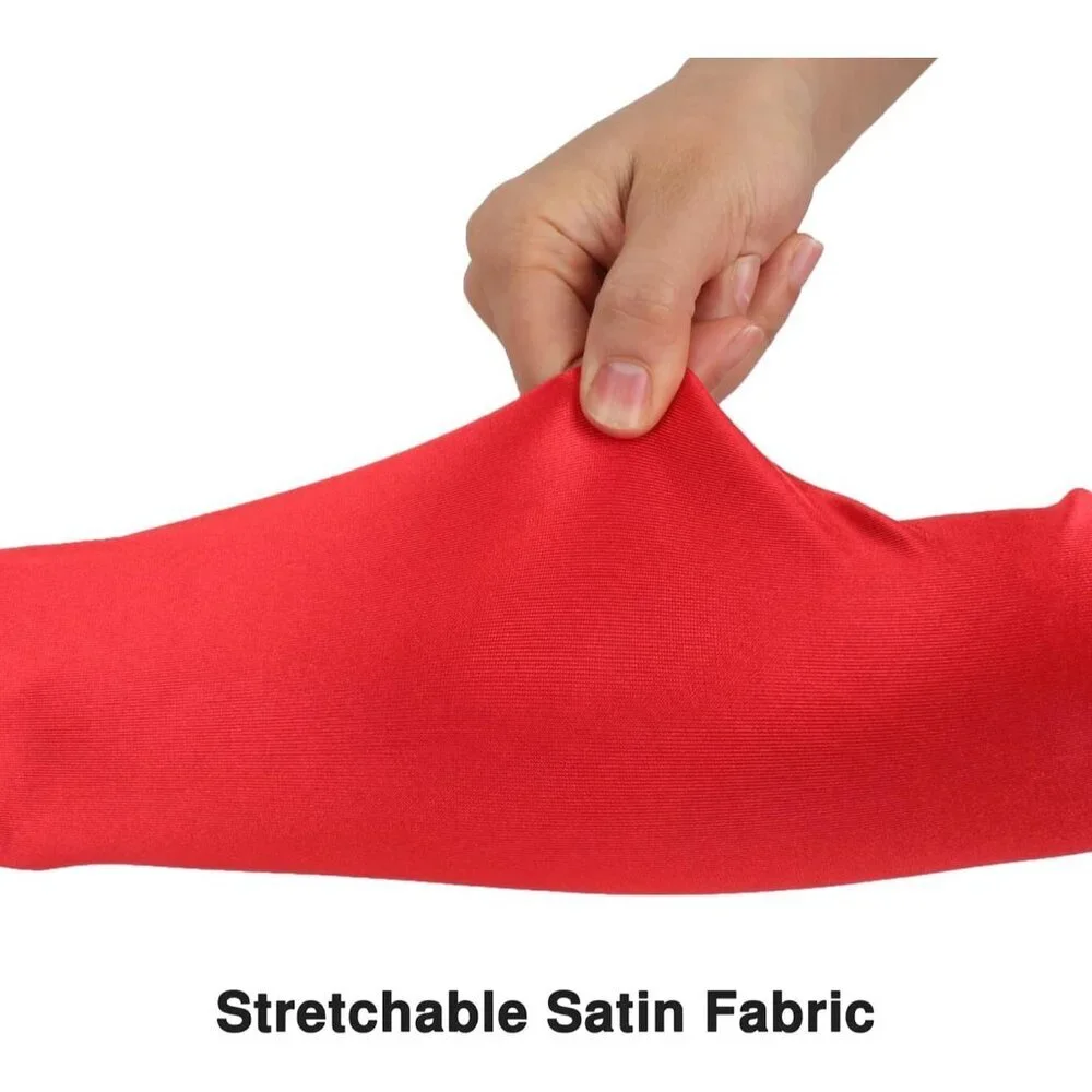 Women's Long Elbow Length Red Satin Feather Trim Evening Gloves Tea Party